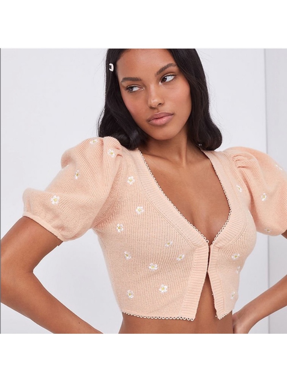 For love & lemons peach daisy puff sleeve cardigan size small